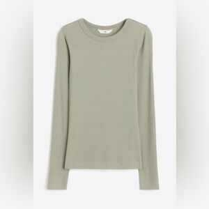 H&M Sage Green Ribbed Long Sleeve Tee XL Minimalist, Stretch Top